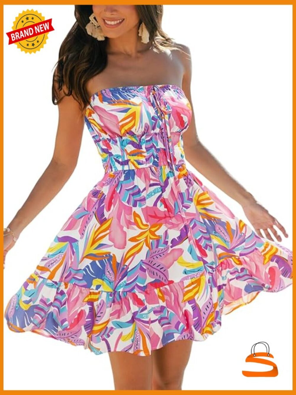 Strapless Smocked Tube Mini Sundress Tropical Floral Beach